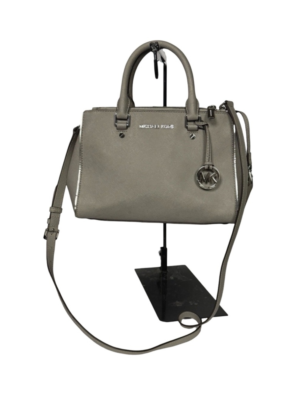 MICHAEL KORS Sutton Medium Saffiano Leather Satchel Gray Handbag Crossbody Charm